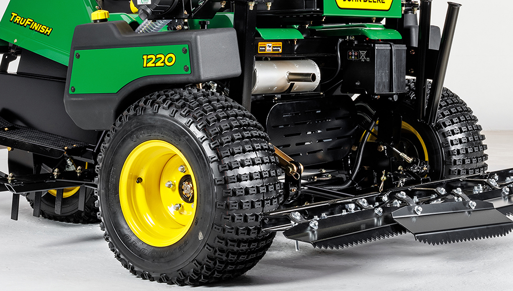 Zoomed-in view of the tires on a 1220 TruFinish Utility Rake