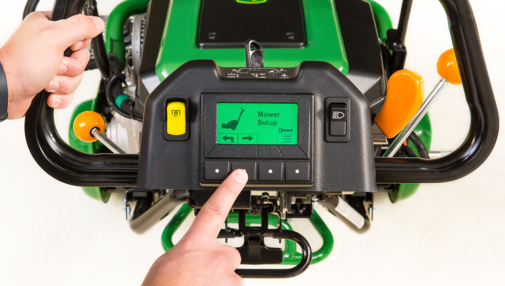 Close-up view of the TechControl display on a 225 E-Cut Electric Walk Greens mower