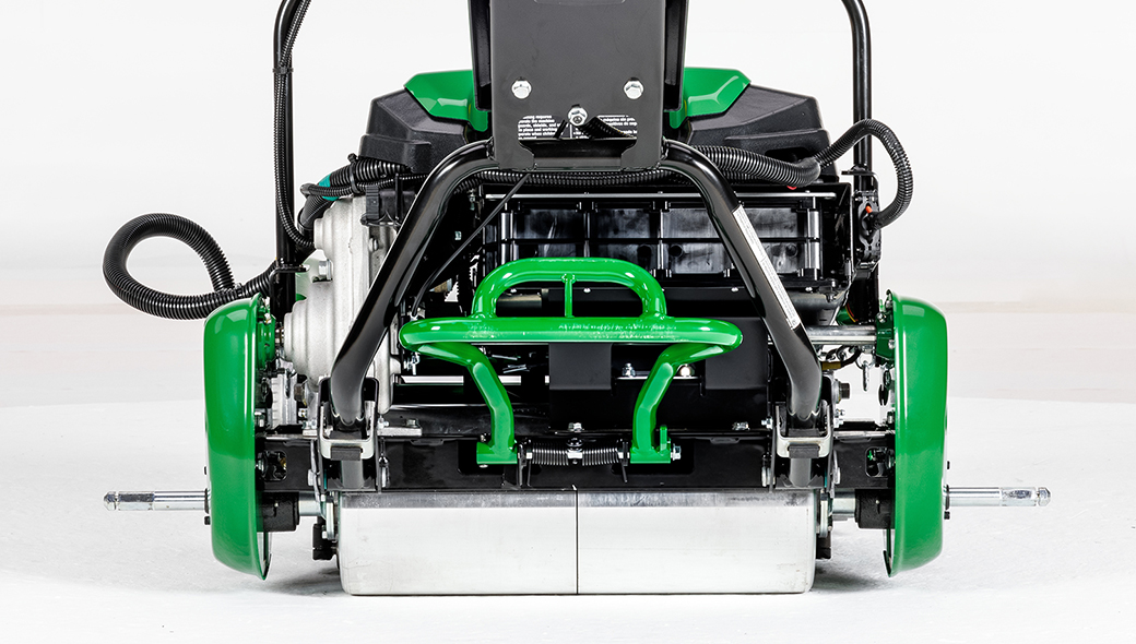 Close-up view of the rollers on the 225 E-Cut Electric Walk Greens mower