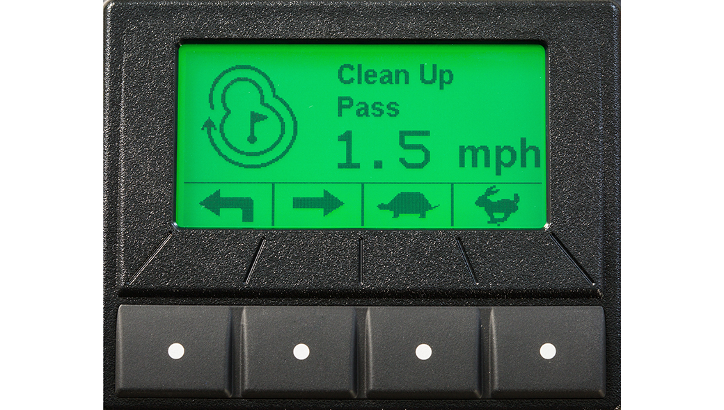 Close-up view of the Clean Up Pass mode display on the 225 E-Cut Electric Walk Greens mower