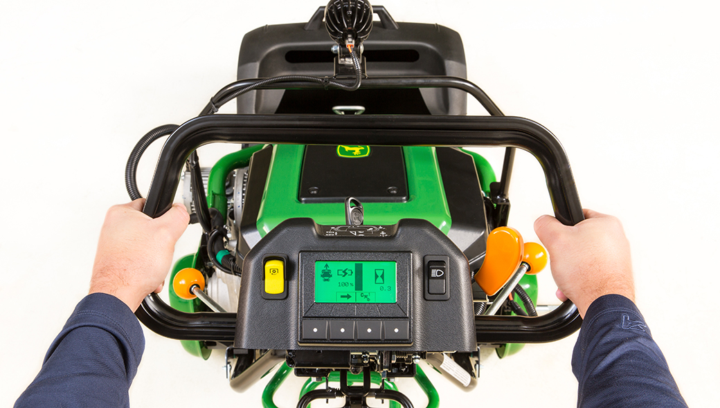 Close-up view of the easy-to-use controls on the 225 E-Cut Electric Walk Greens mower