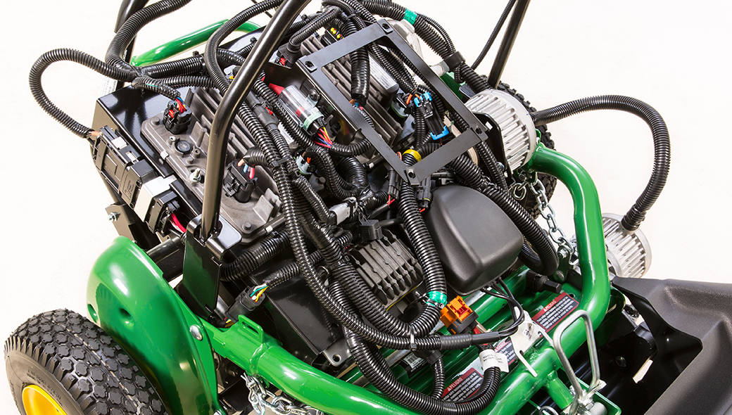 Close-up view of the electric technology on the 225 E-Cut Electric Walk Greens mower