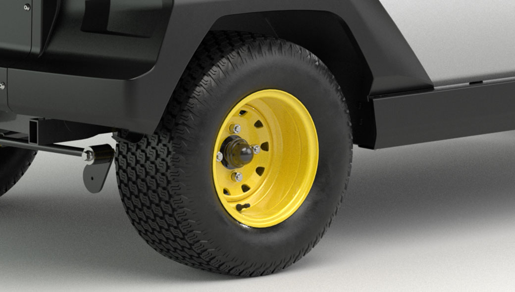 Close-up view of the tires on the Gator GS Electric Utility Vehicle